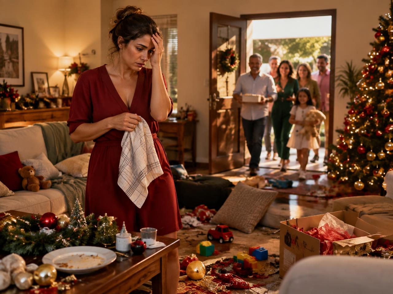 Mulher triste e sobrecarregada com a casa desorganizada enquanto as visitas chegam para o Natal