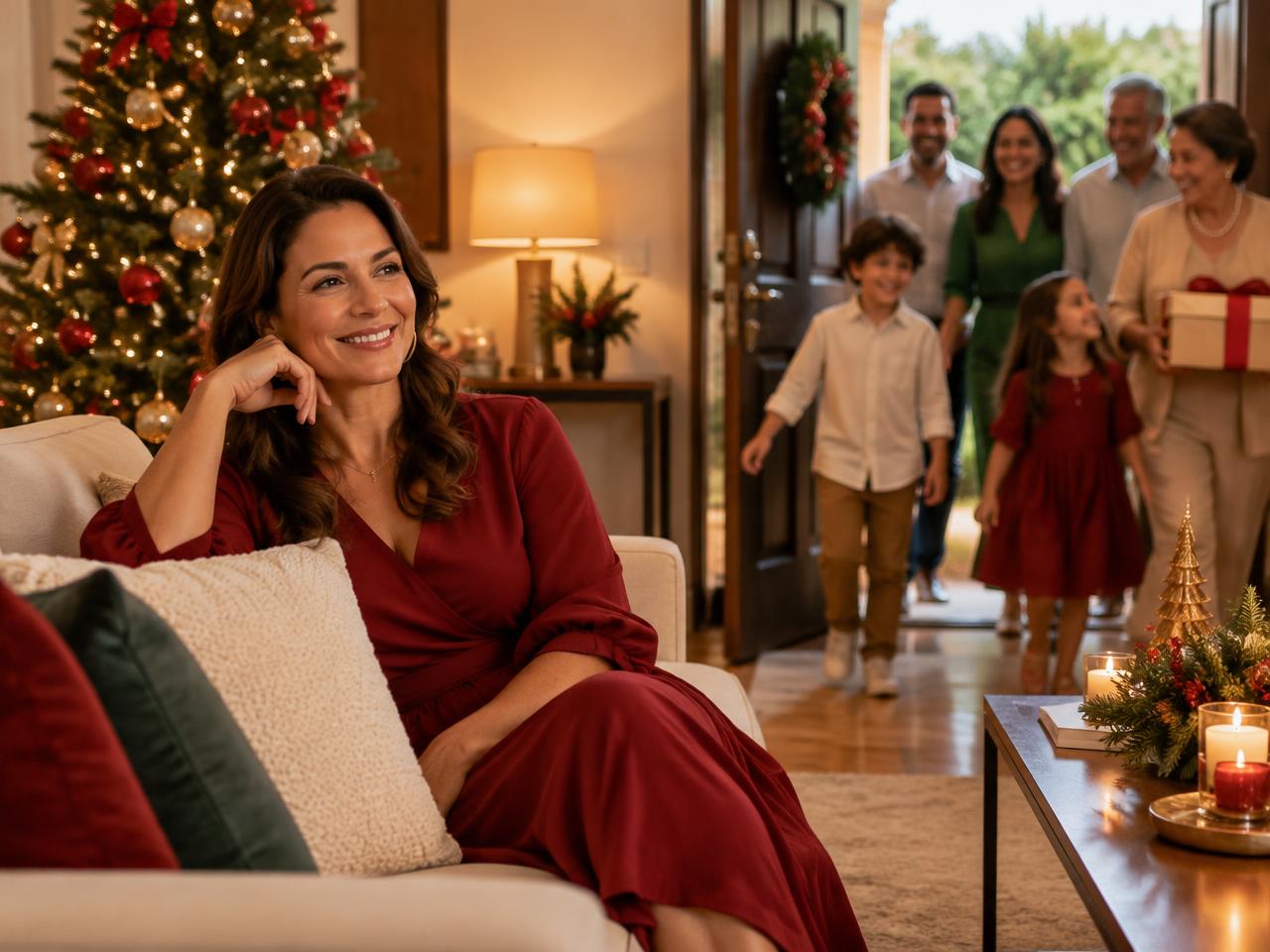 Mulher tranquila em uma casa organizada recebendo familiares para o Natal
