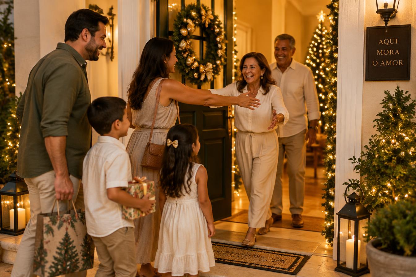 Família chegando para a ceia de Natal em uma casa acolhedora