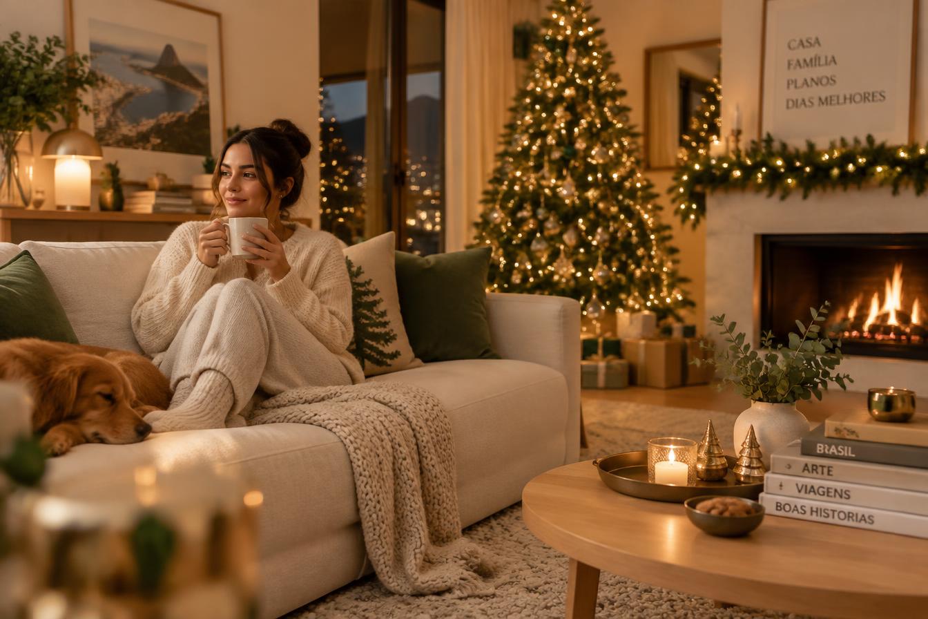 Sala de estar aconchegante e organizada com decoração de Natal