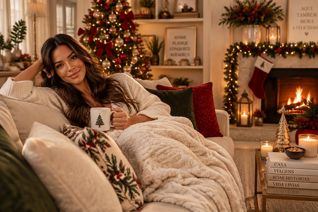 Mulher tranquila descansando na sala decorada para o Natal